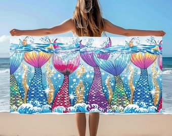 Toalla de playa colorida con diseño de sirena: diversión veraniega vibrante, perfecta para días de piscina, viajes a la playa, vacaciones, regalos para amigos, toalla de playa grande.