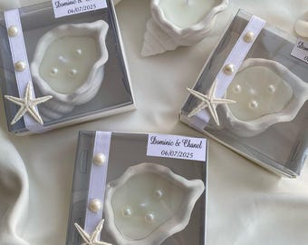 Personalisierte Muschel Kerze Hochzeit Gunsten - Benutzerdefinierte Strand Thema Kerze, Brautparty Geschenk, Küsten Gastgeschenk, Baby-Dusche-Bevorzugung