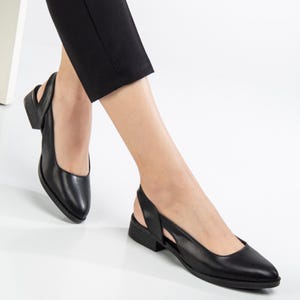 May include: A pair of black leather slingback shoes with a pointed toe and a low heel.