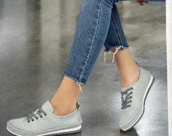 Handmade Genuine Leather Shoes, Soft Tie Sneakers, Women's Lace Up Casual Shoes, Comfortable Footwear