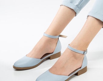 Baby Blue Vegan Leather Bridal Heels: Ankle Strap Low Block Heel Wedding Shoes