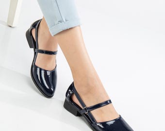 Handmade Navy Blue Mary Janes: Low Heel Wedding Shoes