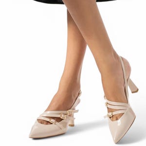 Beige Vegan Leather Wedding Heels: Ankle Strap Bridal Shoes