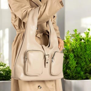 Beige Shoulder Bag: Soft Everyday Purse with Zipper Pockets