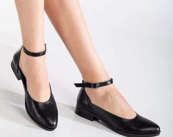 Handmade Ankle Strap Mary Janes Pumps, Vintage Ballerina Black Women Shoes, Elegant Wedding Sandals