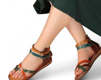 Sandalias de tiras de cuero - Sandalias planas con tiras al tobillo, zapatos descalzos de verano