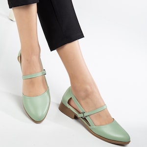 Mint Green Chunky Mary Jane Shoes: Retro Low Heel Flats