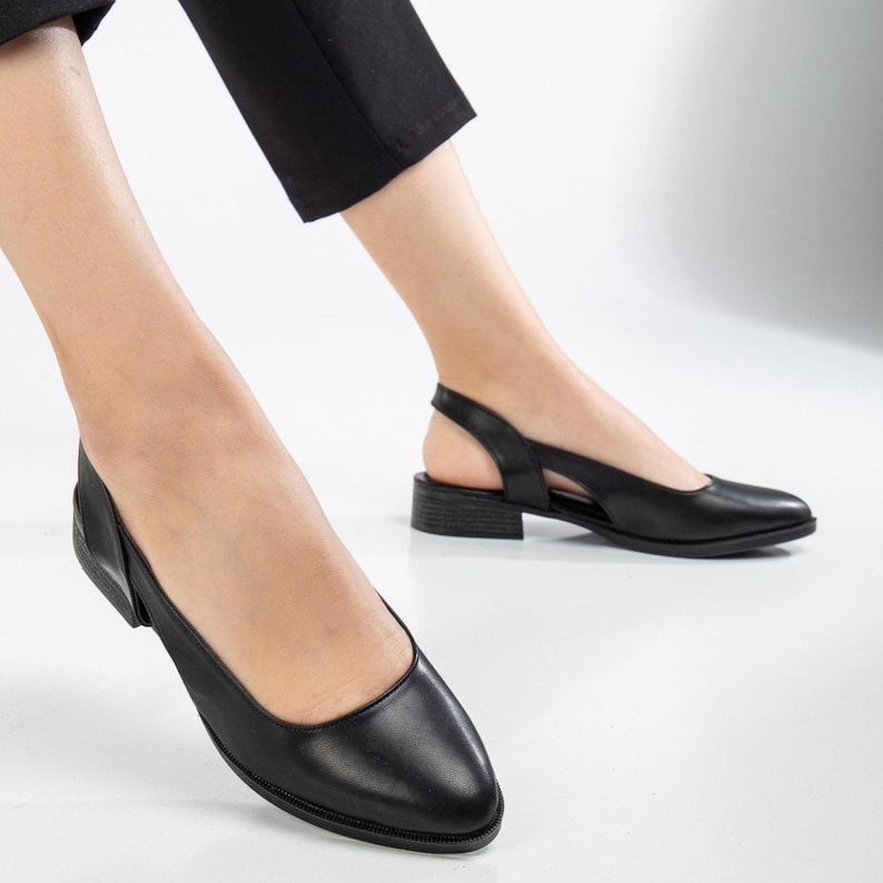 Black Low Heel Casual Shoes for Women, Effortless Elegance with Slingback Flats: Handmade, Vintage-Inspired, Perfect for Everyday Wear