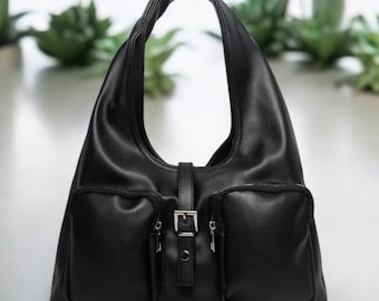 Black Soft Shoulder Bag: Everyday Purse with Zipper Pockets