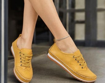 Zapatillas de cuero suave hechas a mano con cordones, zapatos casuales con cordones para mujer, zapatos cómodos para caminar