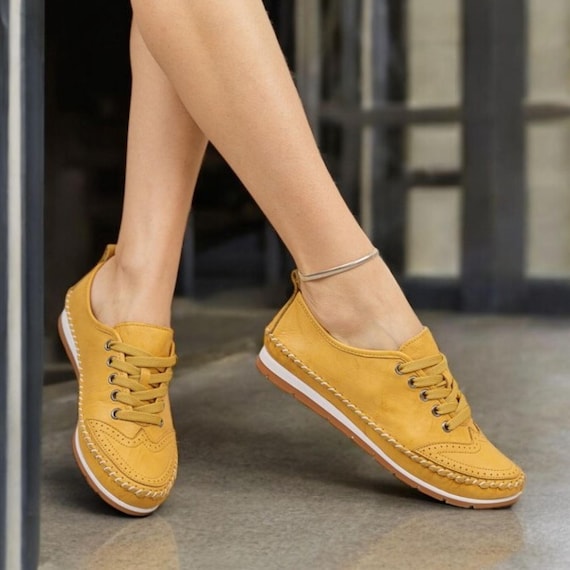 Handmade Soft Leather Tie Sneakers, Women's Lace Up Casual Shoes, Comfortable Walking Shoes