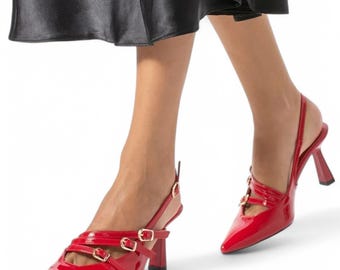 Red Vegan Leather Slingback Heels: Ankle Strap Wedding Shoes
