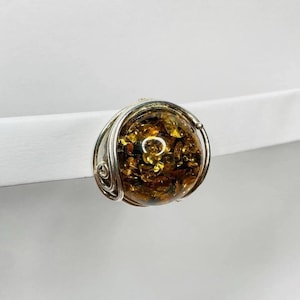 Antique Vintage Sterling Silver 925 Baltic Amber Round Brooch Pin Tested