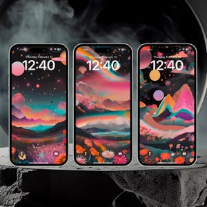 May include: Three iPhone mockups with different colorful landscape backgrounds. The time is displayed as 12:40 on each phone. The date is Thursday, February 13.