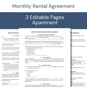 Peut inclure: Un document de contrat de location d'appartement mensuel de trois pages avec du texte noir sur papier blanc. L'en-tête indique Monthly Rental Agreement et 3 Editable Pages Apartment. Le formulaire comprend des sections pour l'identification des parties, les lieux, la durée du bail, les conditions de paiement du loyer et le dépôt de garantie.