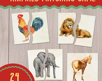 Animal Matching Game: aquarel boerderij en wilde dieren puzzel (digitale download)