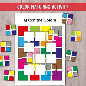 Könnte beinhalten: Ein Farbanpassungs-Aktivitätsspiel mit einem weißen Blatt mit einem Raster aus bunten Quadraten und leeren Feldern. Der Text "Match the Colors" wird angezeigt. Mehrere bunte quadratische Kacheln sind um das Blatt verstreut.