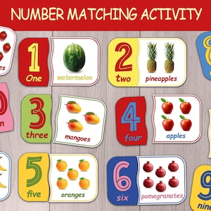 Number Learning Activity for Toddlers, Learn Counting 1–10 With Fruit, Montessori Math Preschool Homeschool Worksheet, Number Matching Game