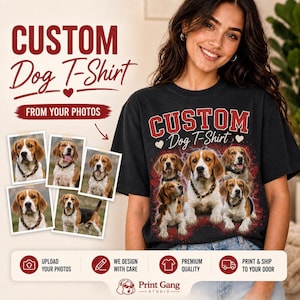 Può includere: T-shirt nero con un design personalizzato per cani. La maglietta presenta la scritta "CUSTOM Dog T-Shirt" in rosso e bianco. Il design include più foto di un beagle. L'immagine mostra anche la scritta "FROM YOUR PHOTOS".