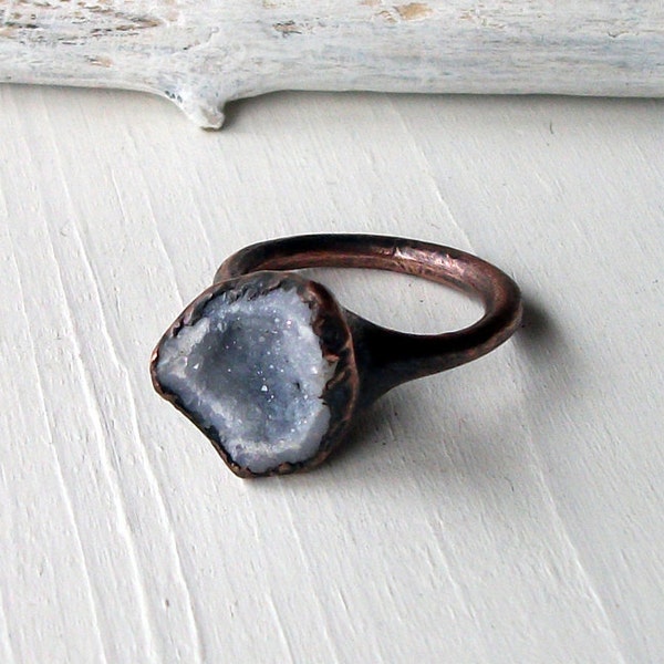 Ring Druzy Copper Geode Agate Gem Stone Frost Sugared Grey White Crystal Ice Handmade Raw Artisan