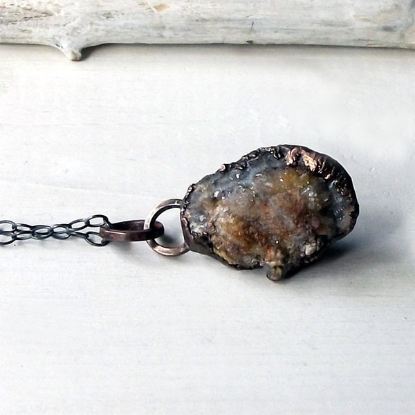 Copper Pendant Druzy Chalcedony Crystal Necklace Gemstone Smokey Grey Cream Rust Natural Raw