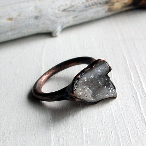 Ring Druzy Copper Geode Agate Gem Stone Frost Sugared Tan Grey White Crystal Ice Patina Artisan