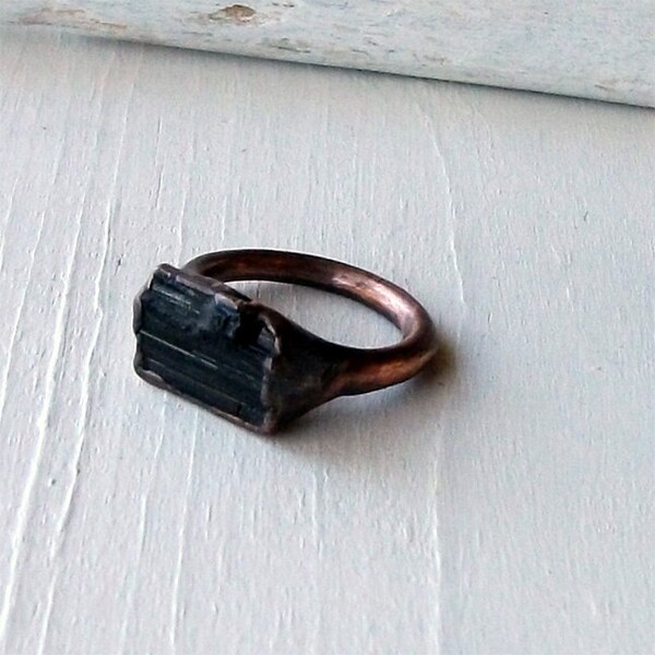Copper Ring Tourmaline Gem Stone Black Facet Artisan Raw Gem Organic Oxidized