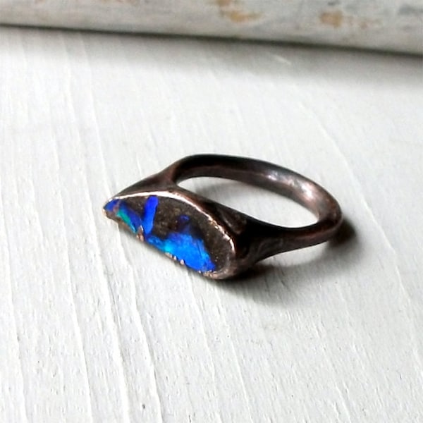 Copper Boulder Opal Ring Electric Blue Stone October Birthstone Natural Raw Patina Artisan