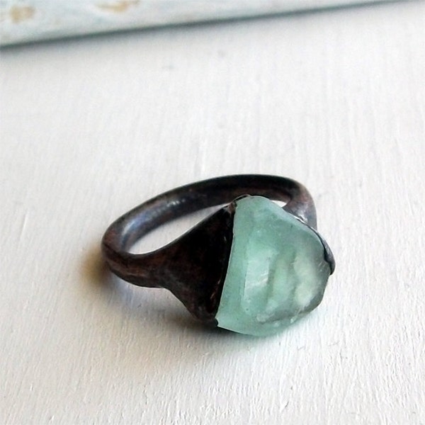 Copper Ring Fluorite Gem Stone Minty Sea Blue Green Raw Gem Organic Oxidized Handmade