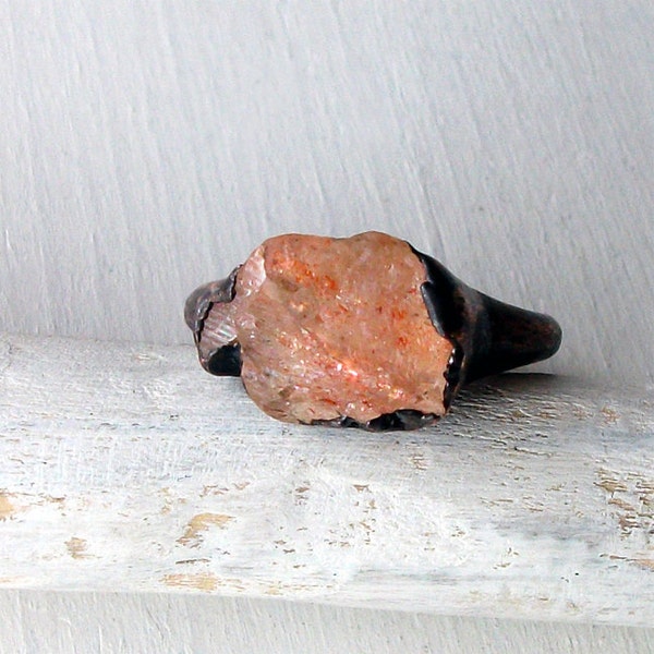 Sunstone Copper Ring Peach Confetti Gem Stone Artisan Raw Gem Organic Oxidized For Her