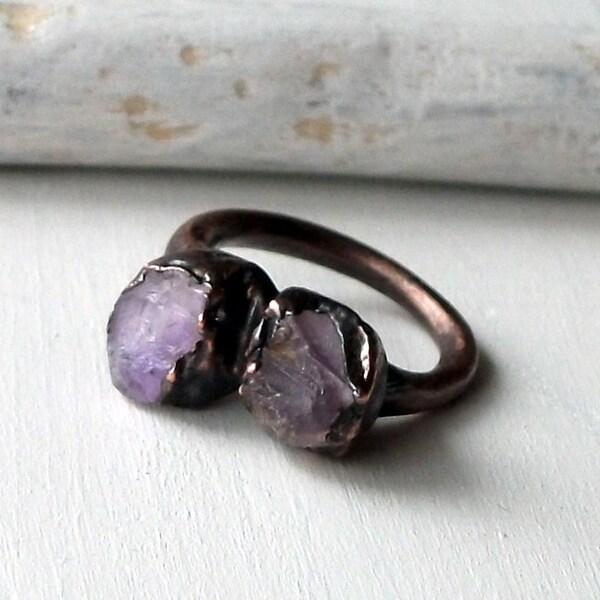 Copper Ring Rose de Amethyst Purple Violet Lilac Raw Gem February Birthstone Artisan Handmade