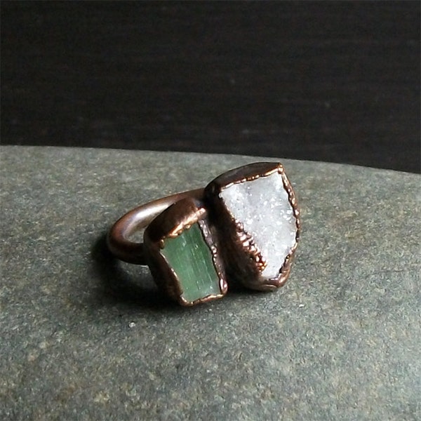 Druzy Ring Tourmaline Gemstone Raw Copper Size 6 Jewelry Apple Green White  Artisan Handmade