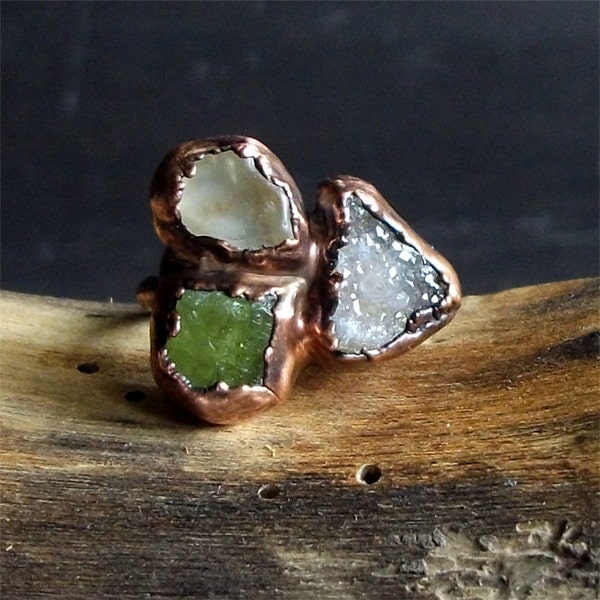 Raw Crystal Ring Rough Stone Jewelry Copper Tourmaline Ring Topaz Ring Druzy Quartz Copper Gemstone Size 7 Birthstone Organic Ring