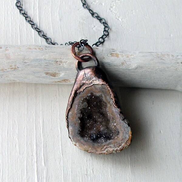 Copper Druzy Geode Necklace Crystal Pendant Raw Burnt Sienna Rust Brown Artisan Handmade