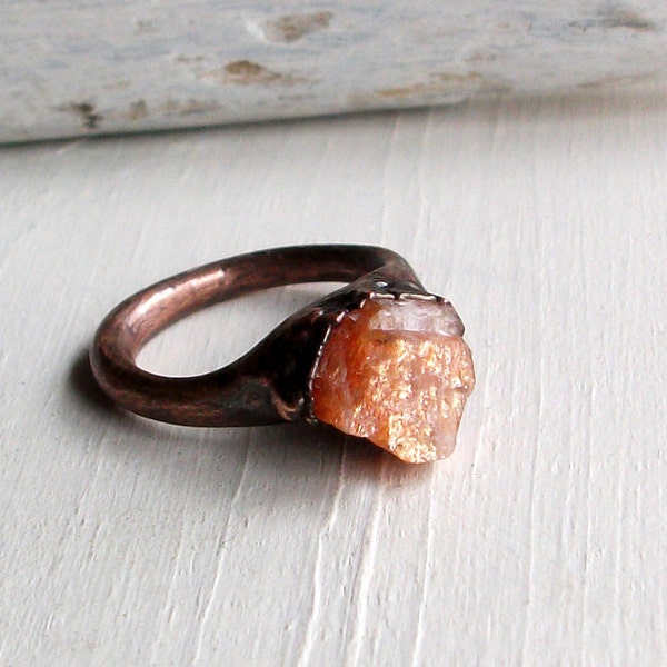 Sunstone Copper Ring Peach Confetti Gem Stone Artisan Raw Gem Organic Oxidized For Her