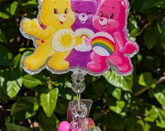 Cute Bear Inspired Badge Reel: Rainbow Heart Cartoon