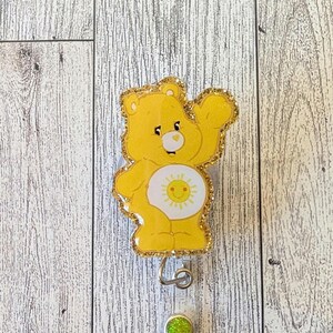 Cute Bear Inspired Badge Reel: Rainbow Heart Cartoon, Retractable badge reel Yellow No Beads