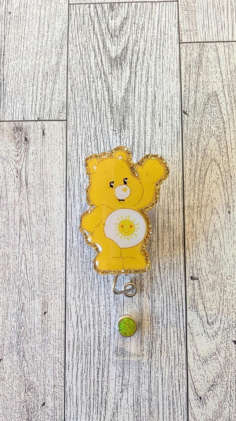 Cute Bear Inspired Badge Reel: Rainbow Heart Cartoon, Retractable badge reel Yellow No Beads