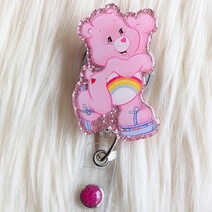 Cute Bear Inspired Badge Reel: Rainbow Heart Cartoon, Retractable badge reel Pink No Beads
