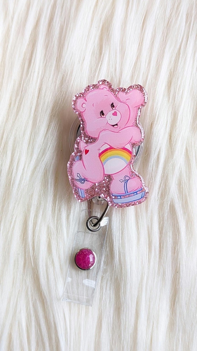 Cute Bear Inspired Badge Reel: Rainbow Heart Cartoon, Retractable badge reel Pink No Beads