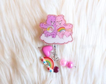 Cute Bear Inspired Badge Reel: Rainbow Heart Cartoon
