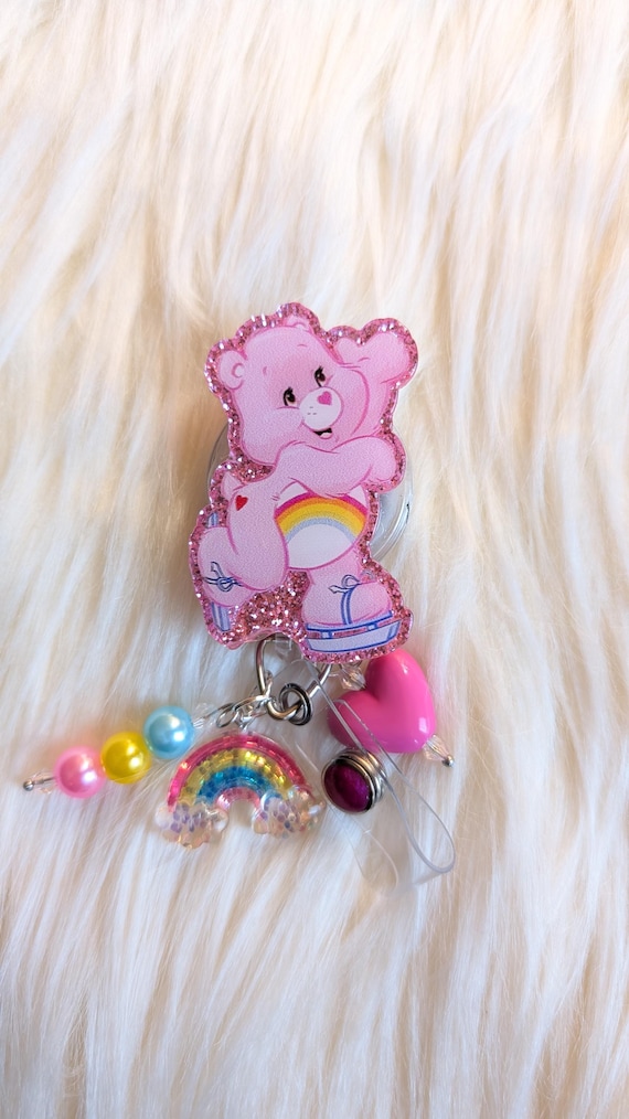 Cute Bear Inspired Badge Reel: Rainbow Heart Cartoon, Retractable badge reel