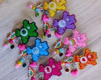 Cute Bear Inspired Badge Reel, Rainbow Heart Cartoon, Retractable badge reel