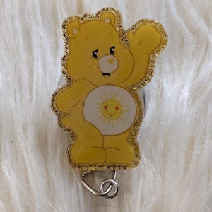 Cute Bear Inspired Badge Reel: Rainbow Heart Cartoon, Retractable badge reel Yelllow No Beads