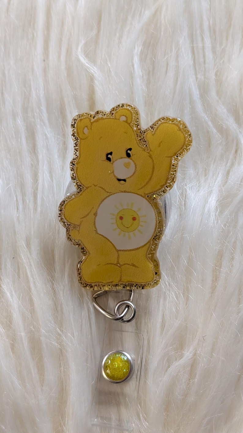 Cute Bear Inspired Badge Reel: Rainbow Heart Cartoon, Retractable badge reel Yelllow No Beads