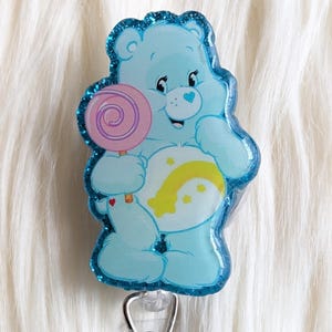 Cute Bear Inspired Badge Reel: Rainbow Heart Cartoon, Retractable badge reel Blue No Beads