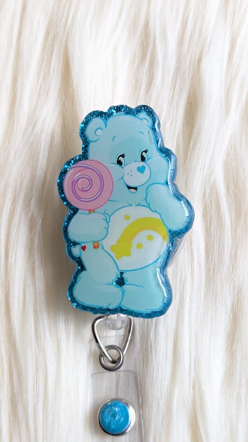Cute Bear Inspired Badge Reel: Rainbow Heart Cartoon, Retractable badge reel Blue No Beads