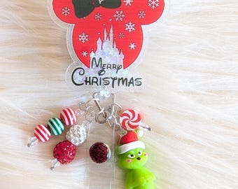 Christmas Mouse Badge Reel, Christmas basgeMM badge,Holiday ID Holder