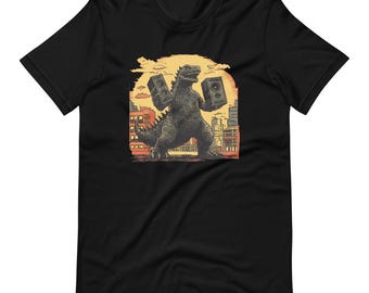Retro Godzilla T-Shirt: Vintage Japanese Kaiju with Speakers