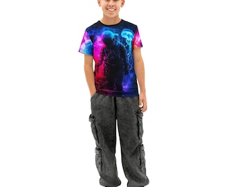 Space Astronaut & Jellyfish Youth T-shirt: Galaxy Crew Neck